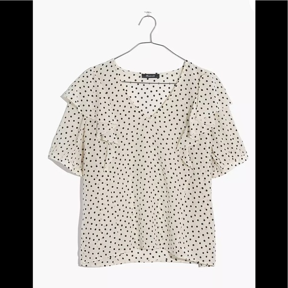 Madewell Silk V-Neck Shoulder-Ruffle Top in Inkbrush Dots - Picture 3 of 6
